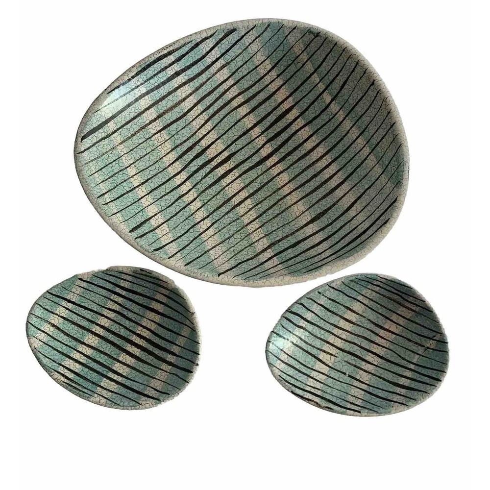 MCM Dumler & Breiden Art Pottery Stripped Blue & Black Crackled Dish Bowls Set 3